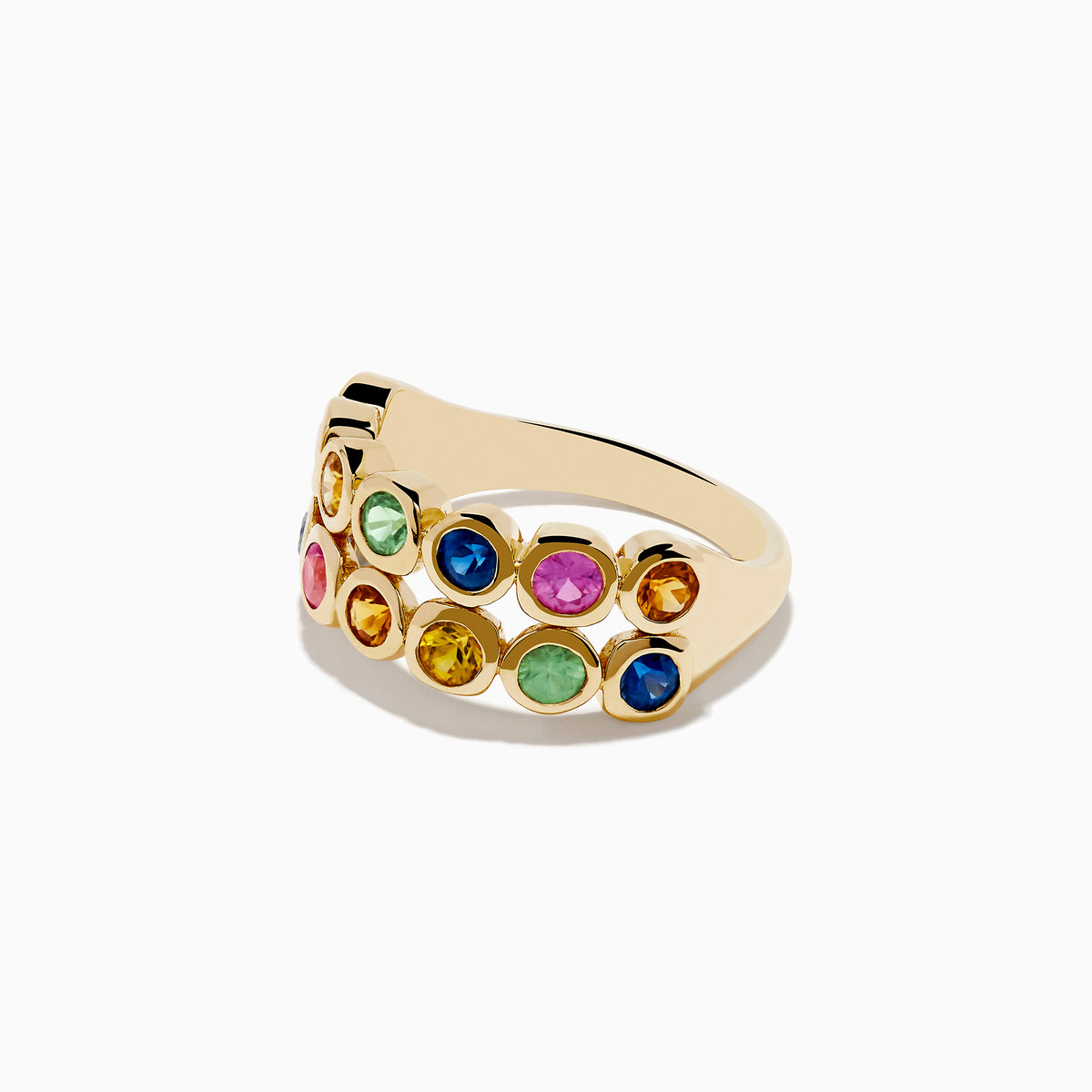 The Watercolors 14K Yellow Gold Multi Sapphire Double Row Band Ring showcases bezel-set green, blue, pink, yellow, and orange sapphires in two rows for a vibrant, colorful look.