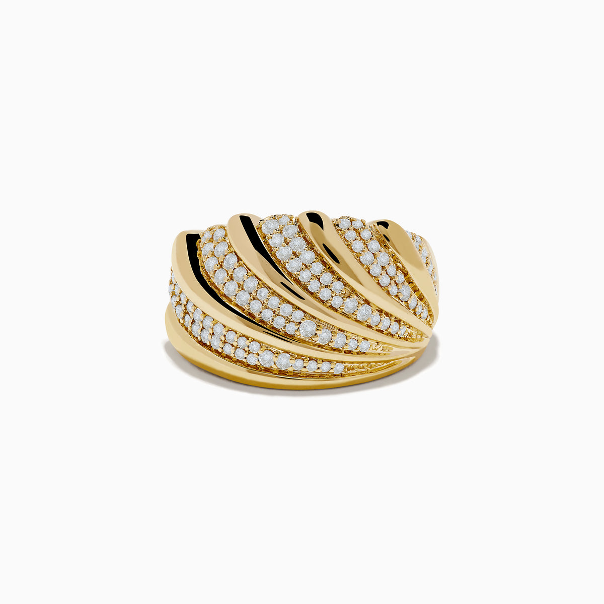 The DOro 14K Yellow Gold Shell Diamond Ring features diagonal grooves with rows of sparkling diamonds, creating a textured and elegant shell-inspired design.
