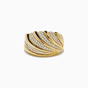 The DOro 14K Yellow Gold Shell Diamond Ring features diagonal grooves with rows of sparkling diamonds, creating a textured and elegant shell-inspired design.