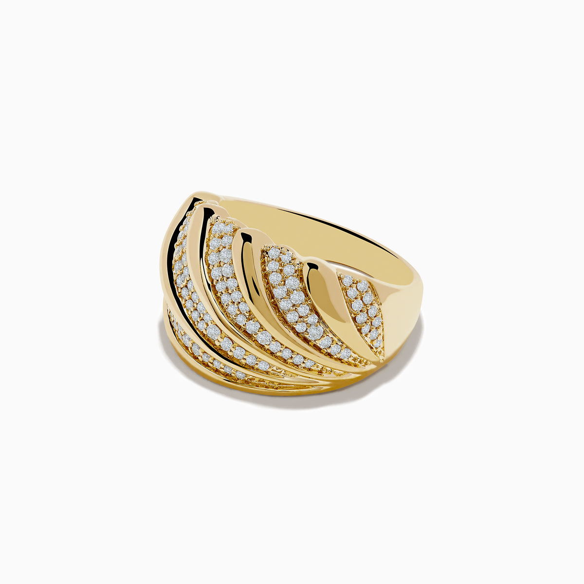 The DOro 14K Yellow Gold Shell Diamond Ring features diagonal grooves with rows of sparkling diamonds, creating a textured and elegant shell-inspired design.