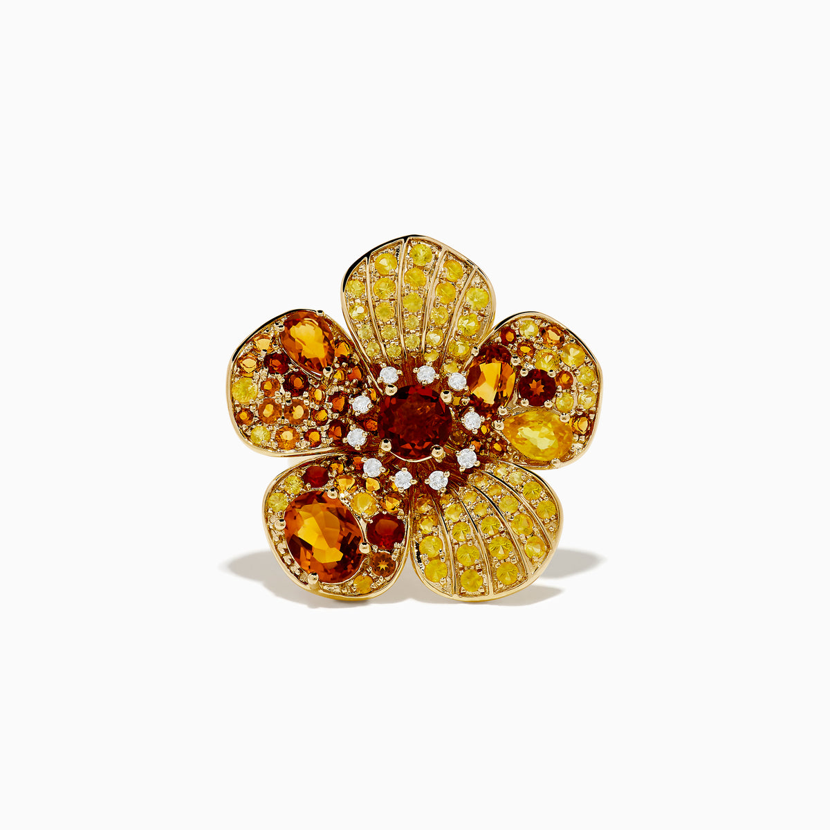 The Nature 14K Yellow Gold Citrine, Yellow Sapphire, and Diamond Flower Ring features gold petals adorned with citrine and sapphire, a cluster of yellow stones at the center, and diamonds outlining each petal against a white background.