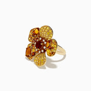 The Nature 14K Yellow Gold Citrine, Yellow Sapphire, and Diamond Flower Ring features gold petals adorned with citrine and sapphire, a cluster of yellow stones at the center, and diamonds outlining each petal against a white background.
