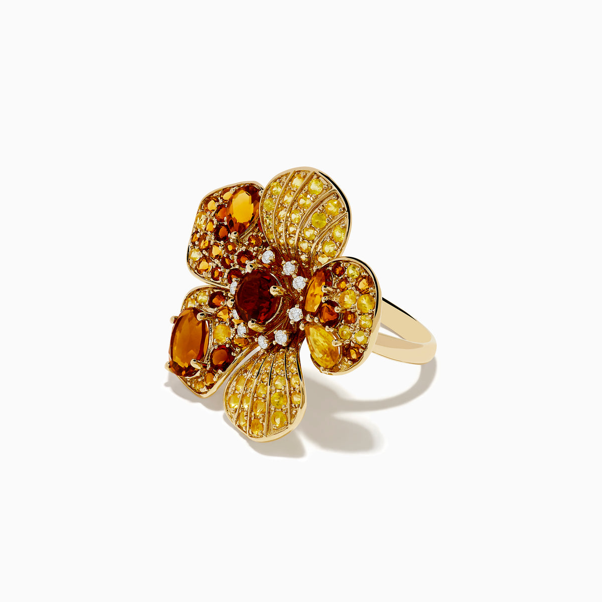 The Nature 14K Yellow Gold Citrine, Yellow Sapphire, and Diamond Flower Ring features gold petals adorned with citrine and sapphire, a cluster of yellow stones at the center, and diamonds outlining each petal against a white background.