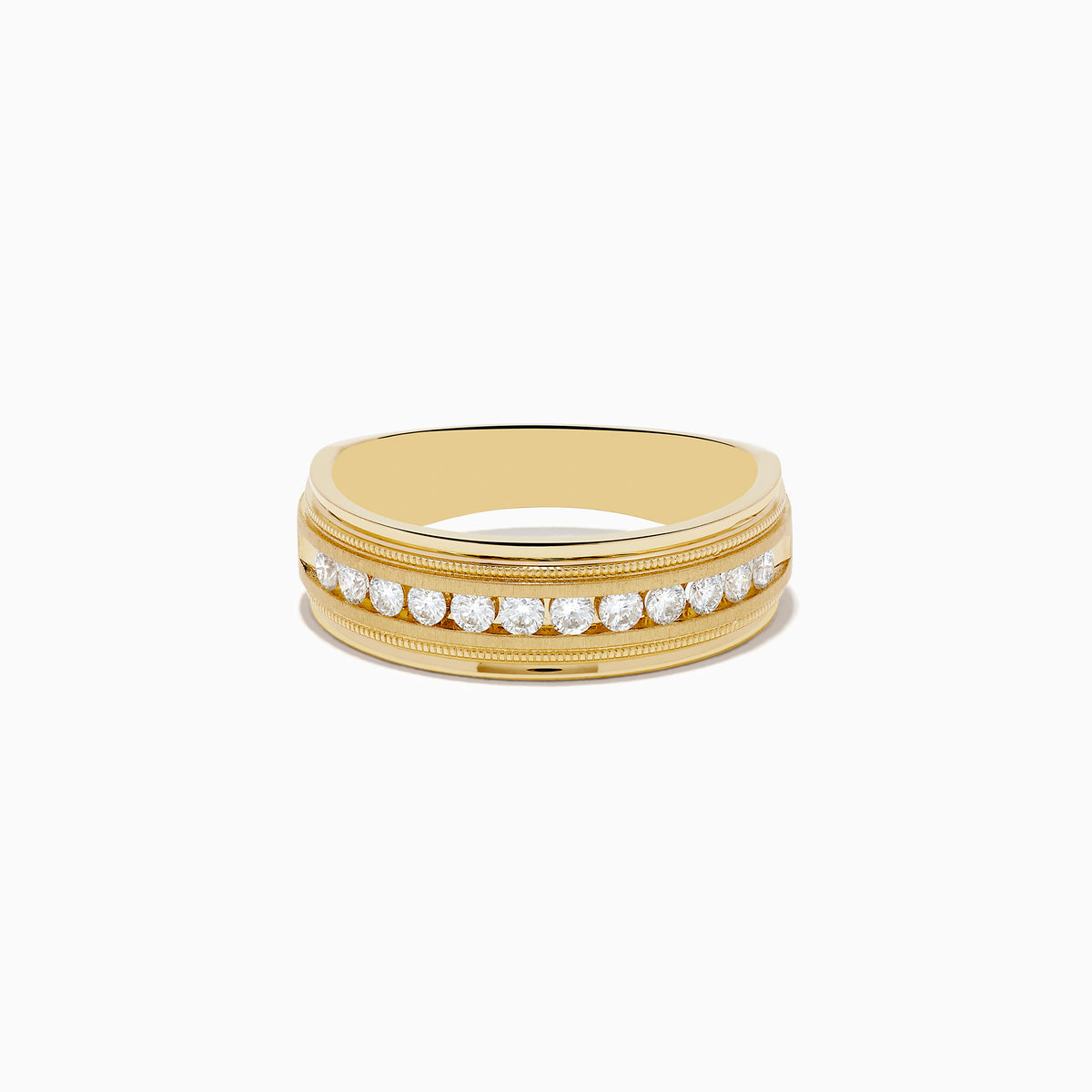 The Mens 14K Yellow Gold Diamond Ring features a central row of small round diamonds set in a channel, accented by delicate engraved details on each side.