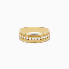 The Mens 14K Yellow Gold Diamond Ring features a central row of small round diamonds set in a channel, accented by delicate engraved details on each side.