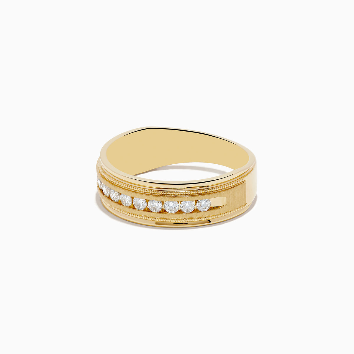 The Mens 14K Yellow Gold Diamond Ring features a central row of small round diamonds set in a channel, accented by delicate engraved details on each side.