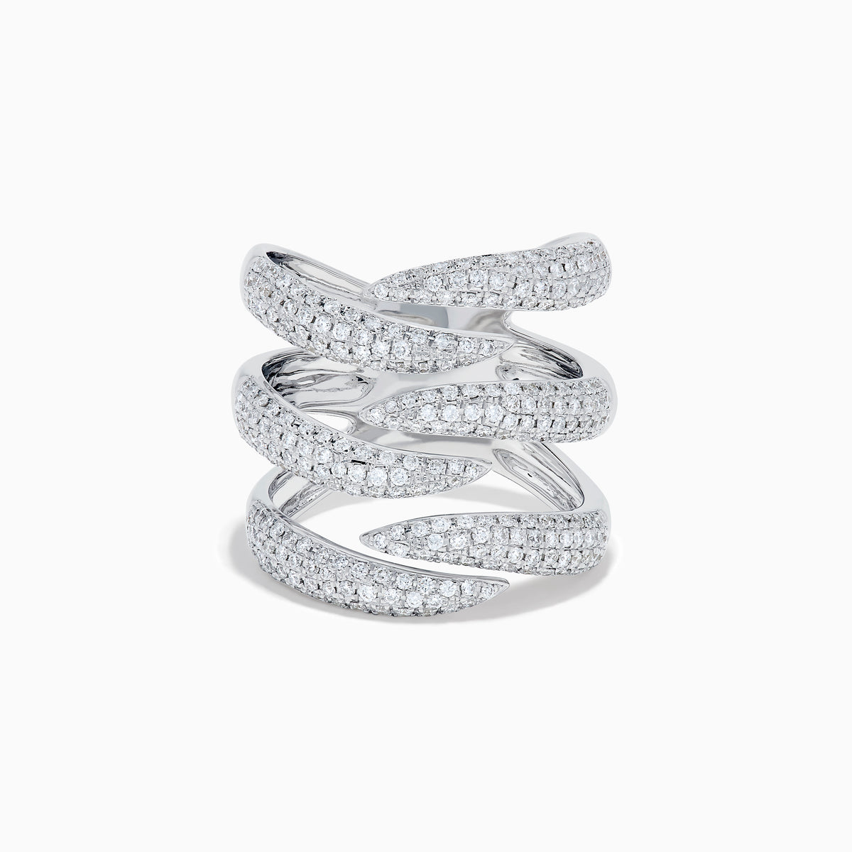 The 14K White Gold Diamond Claw Statement Ring showcases five overlapping, diamond-encrusted bands in a bold, multi-row design, crafted from 14K white gold and displayed on a plain white background.