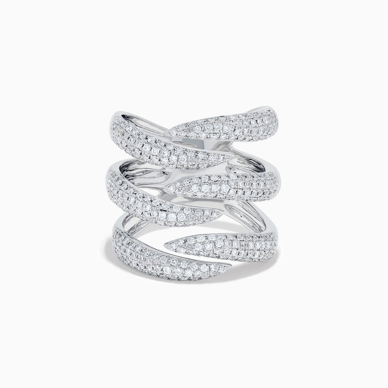 The 14K White Gold Diamond Claw Statement Ring showcases five overlapping, diamond-encrusted bands in a bold, multi-row design, crafted from 14K white gold and displayed on a plain white background.