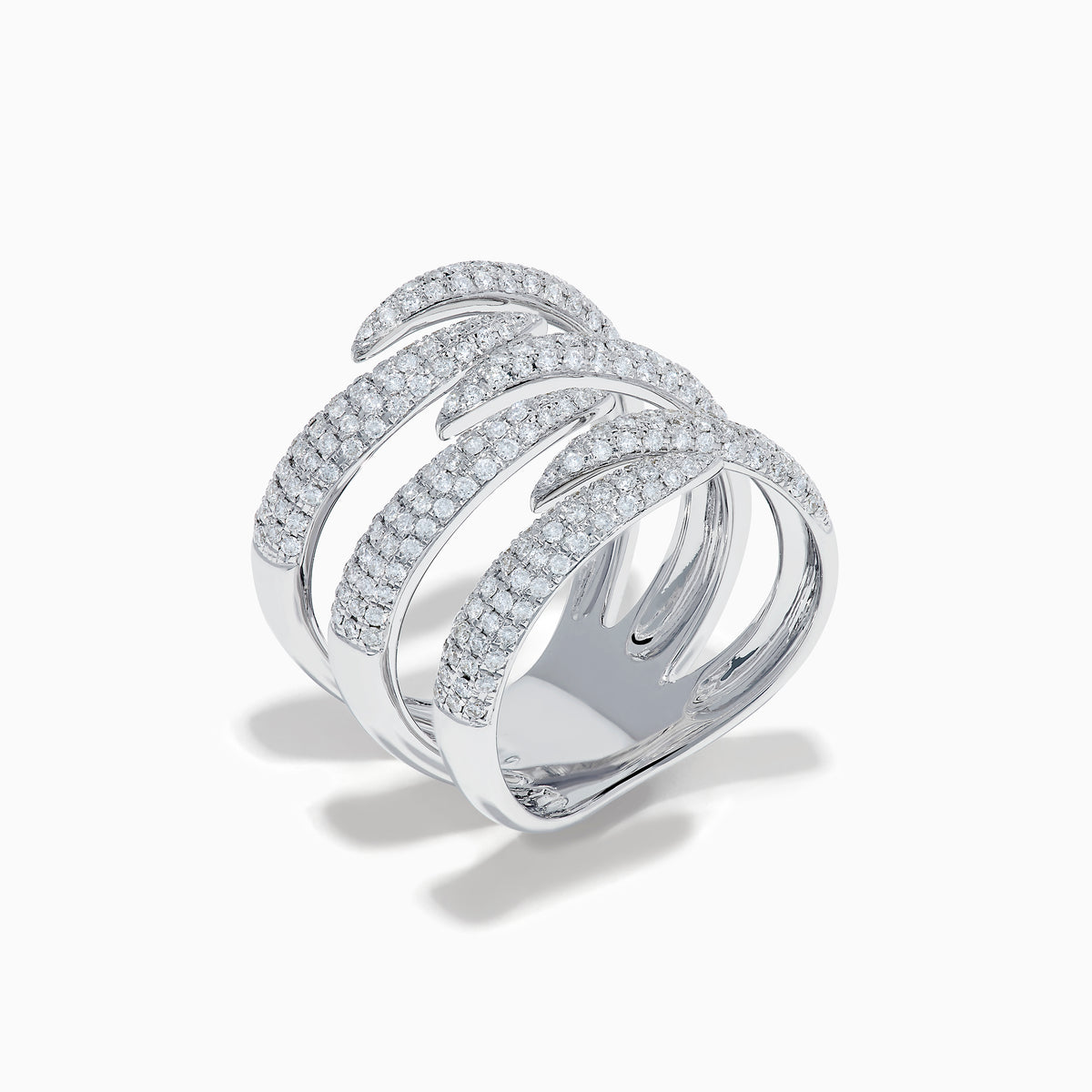 The 14K White Gold Diamond Claw Statement Ring showcases five overlapping, diamond-encrusted bands in a bold, multi-row design, crafted from 14K white gold and displayed on a plain white background.