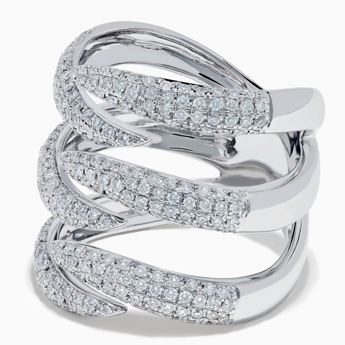 The 14K White Gold Diamond Claw Statement Ring showcases five overlapping, diamond-encrusted bands in a bold, multi-row design, crafted from 14K white gold and displayed on a plain white background.
