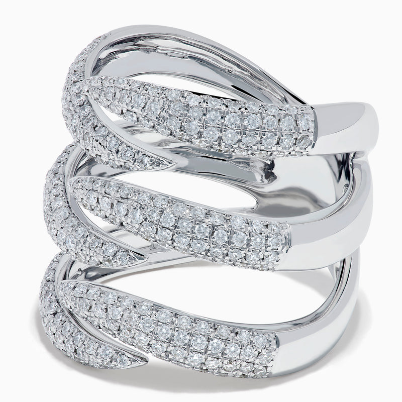 The 14K White Gold Diamond Claw Statement Ring showcases five overlapping, diamond-encrusted bands in a bold, multi-row design, crafted from 14K white gold and displayed on a plain white background.
