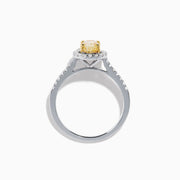 The Canare 18K Two Tone White and Yellow Diamond Ring features an oval yellow diamond center, surrounded by a halo of round white diamonds with extra diamonds adorning the band.
