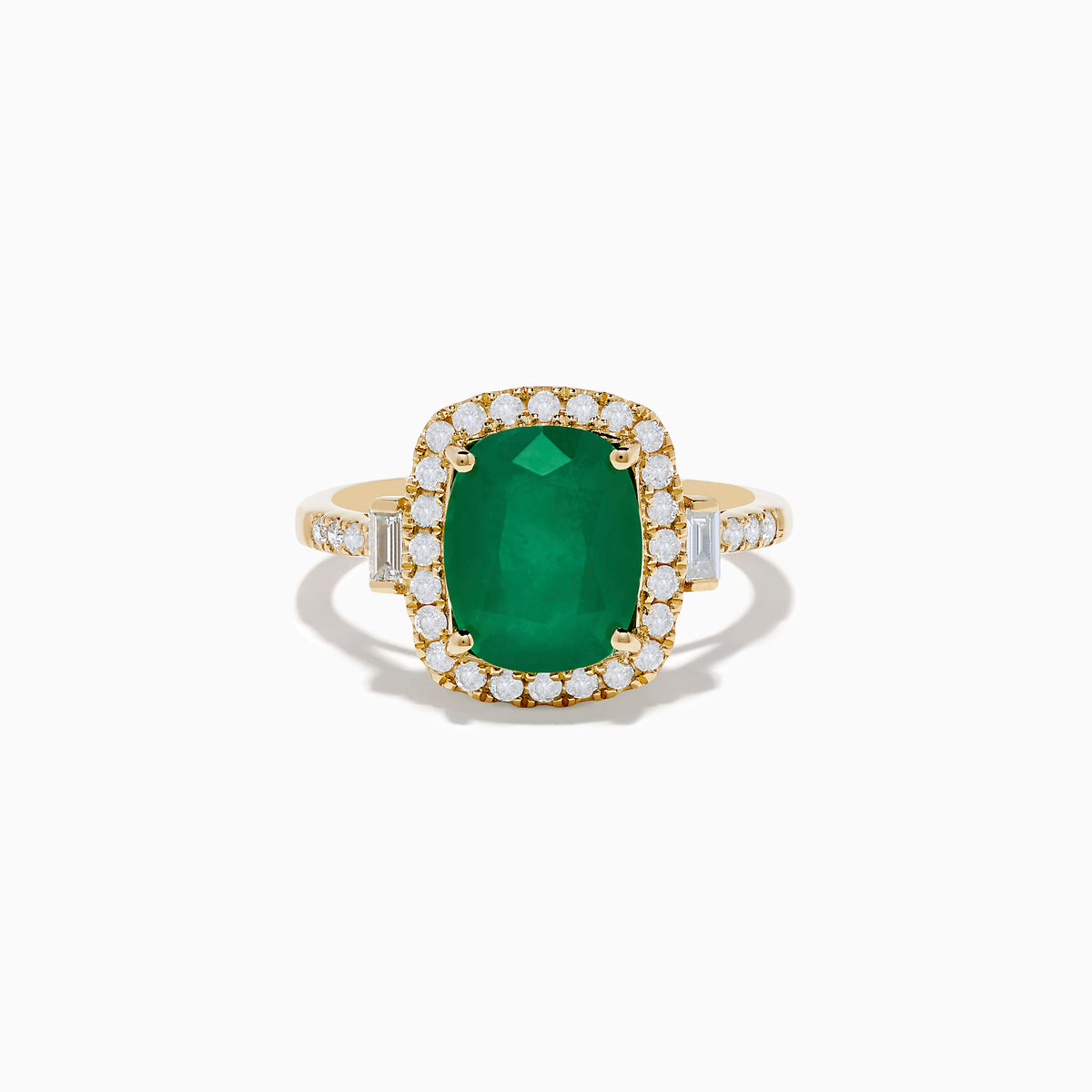 The Brasilica 14K Yellow Gold Emerald and Diamond Ring features a striking rectangular emerald at the center, surrounded by round and baguette-cut diamonds, with diamond accents along the band.