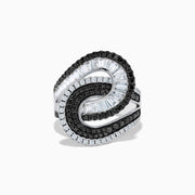 The 14K White Gold Black and White Diamond Swirl Ring features an abstract interlocking design with alternating rows of black and white diamonds in a bold, modern setting.