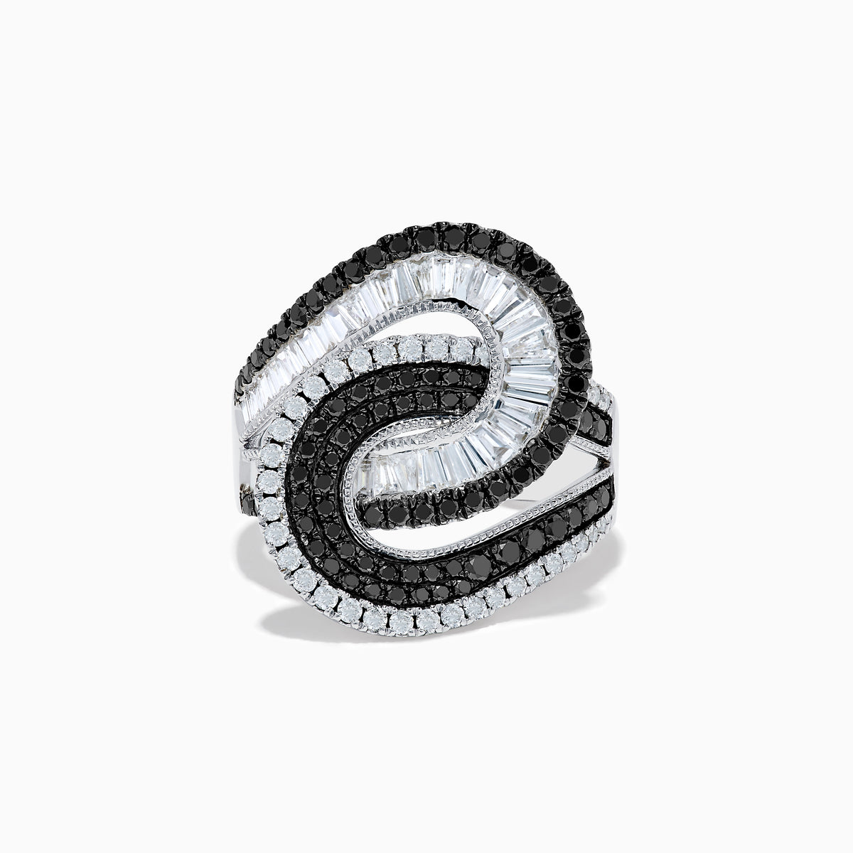 The 14K White Gold Black and White Diamond Swirl Ring features an abstract interlocking design with alternating rows of black and white diamonds in a bold, modern setting.