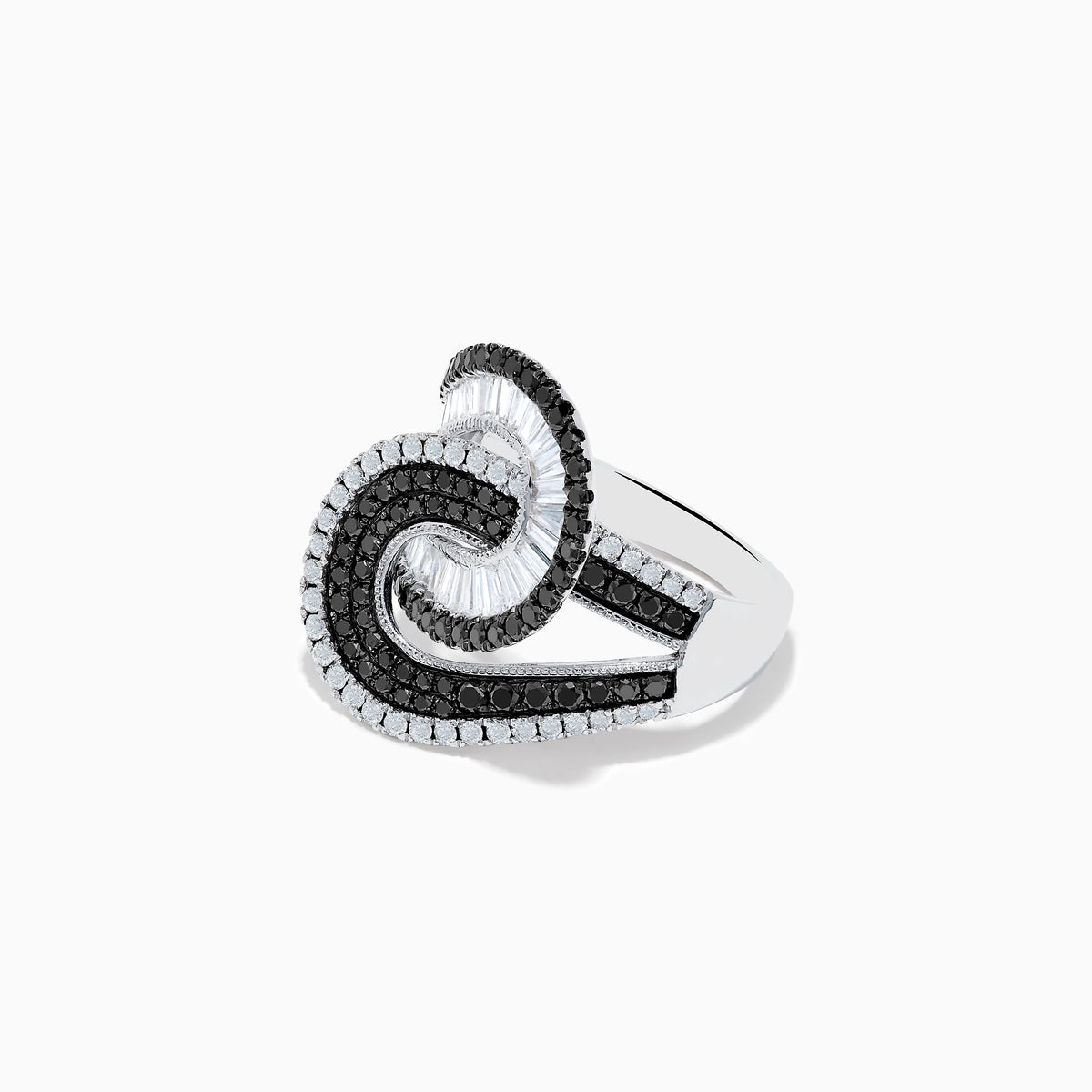 The 14K White Gold Black and White Diamond Swirl Ring features an abstract interlocking design with alternating rows of black and white diamonds in a bold, modern setting.