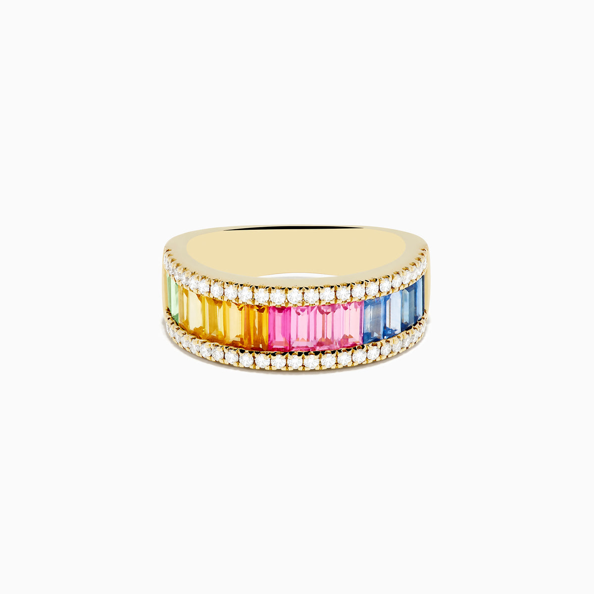 The Watercolors 14K Yellow Gold Multi Color Sapphire and Diamond Ring features a row of rectangular sapphires in rainbow order, bordered by sparkling diamonds along the top and bottom, shown against a white background.