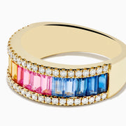 The Watercolors 14K Yellow Gold Multi Color Sapphire and Diamond Ring features a row of rectangular sapphires in rainbow order, bordered by sparkling diamonds along the top and bottom, shown against a white background.