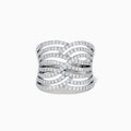 The 14K White Gold Diamond Pave Multi-Row Infinity Crossover Ring features interwoven, wave-like bands encrusted with diamonds for an elegant look and is shown against a plain white background.