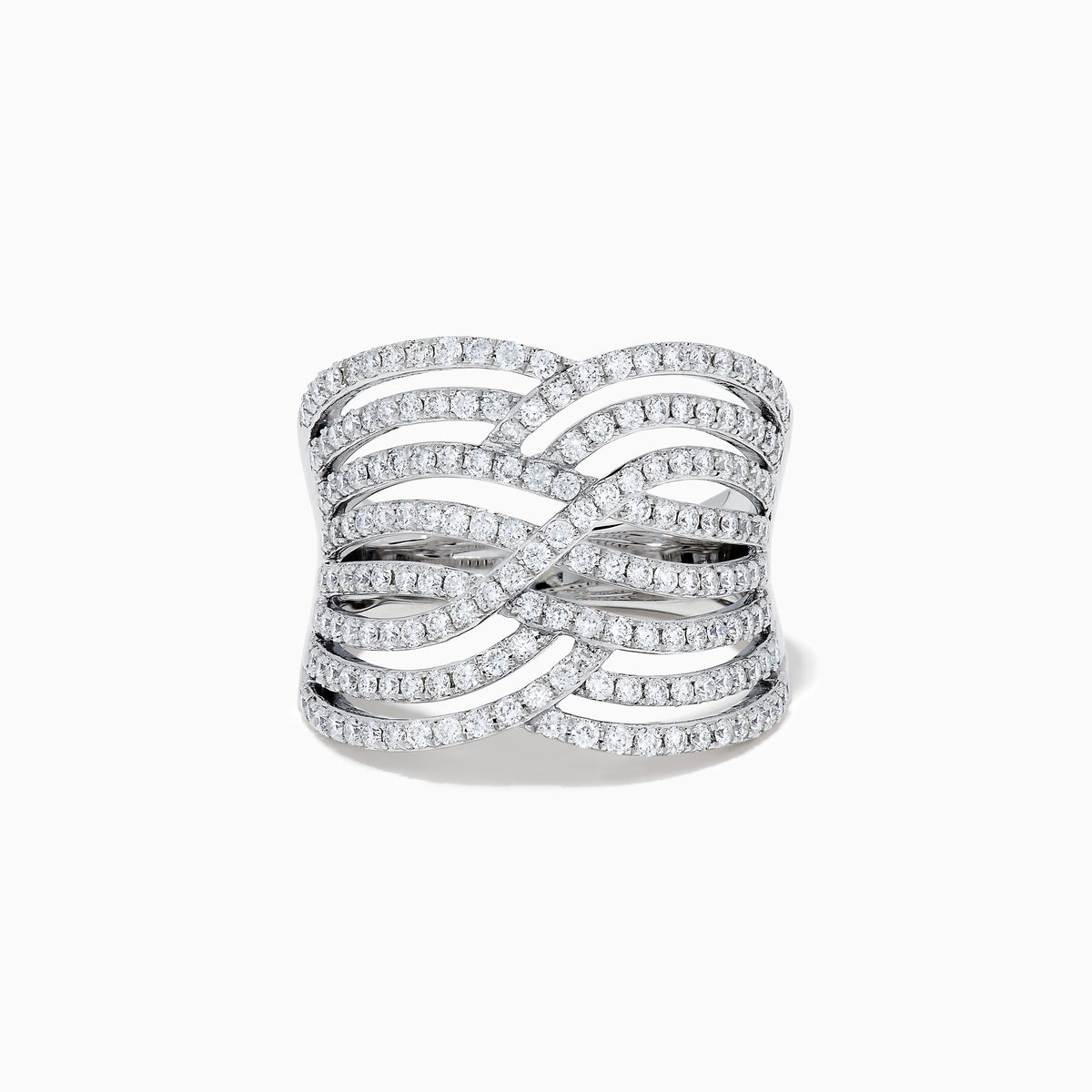 The 14K White Gold Diamond Pave Multi-Row Infinity Crossover Ring features interwoven, wave-like bands encrusted with diamonds for an elegant look and is shown against a plain white background.
