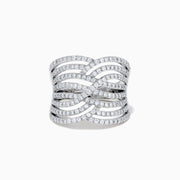 The 14K White Gold Diamond Pave Multi-Row Infinity Crossover Ring features interwoven, wave-like bands encrusted with diamonds for an elegant look and is shown against a plain white background.