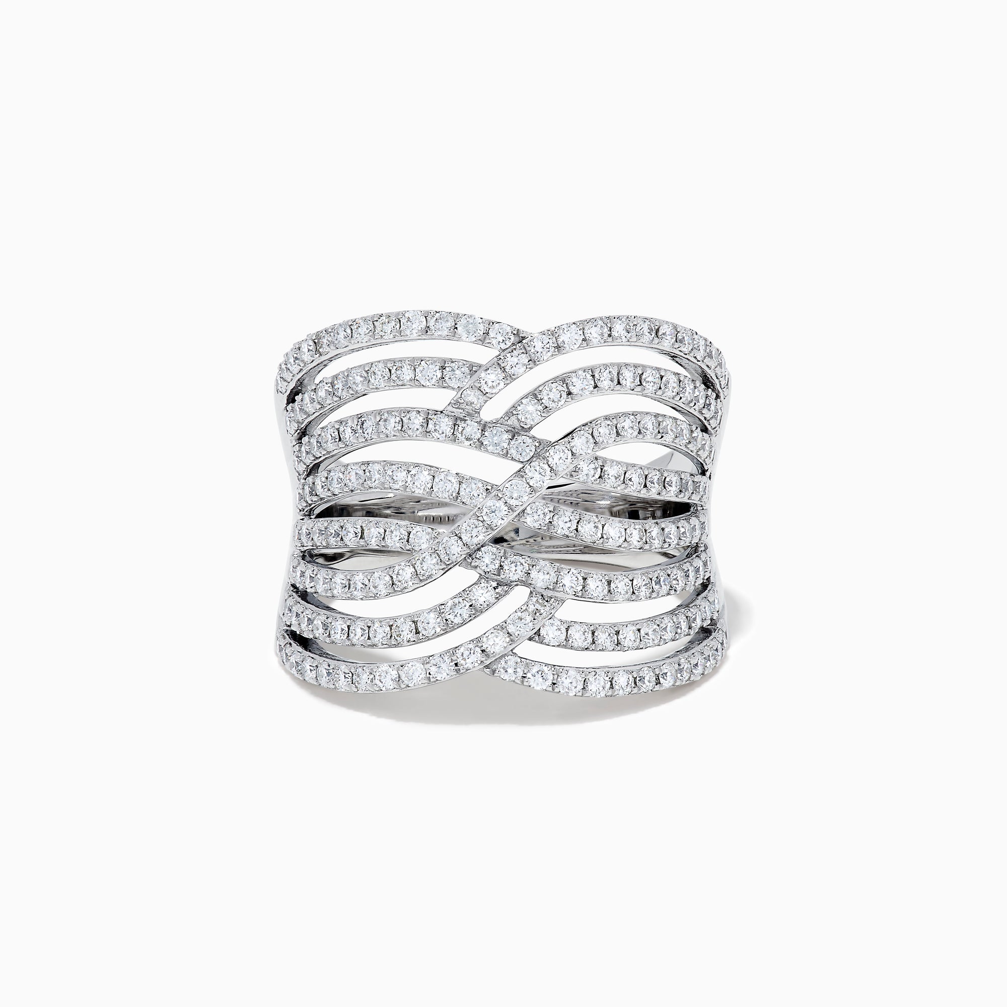 The 14K White Gold Diamond Pave Multi-Row Infinity Crossover Ring features interwoven, wave-like bands encrusted with diamonds for an elegant look and is shown against a plain white background.