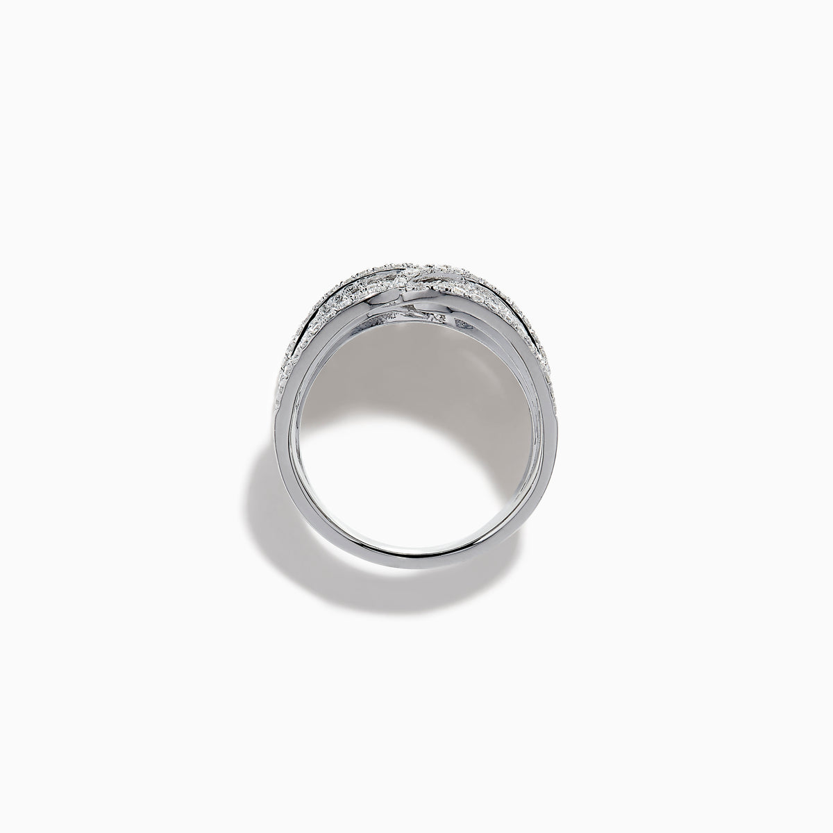 The 14K White Gold Diamond Pave Multi-Row Infinity Crossover Ring features interwoven, wave-like bands encrusted with diamonds for an elegant look and is shown against a plain white background.