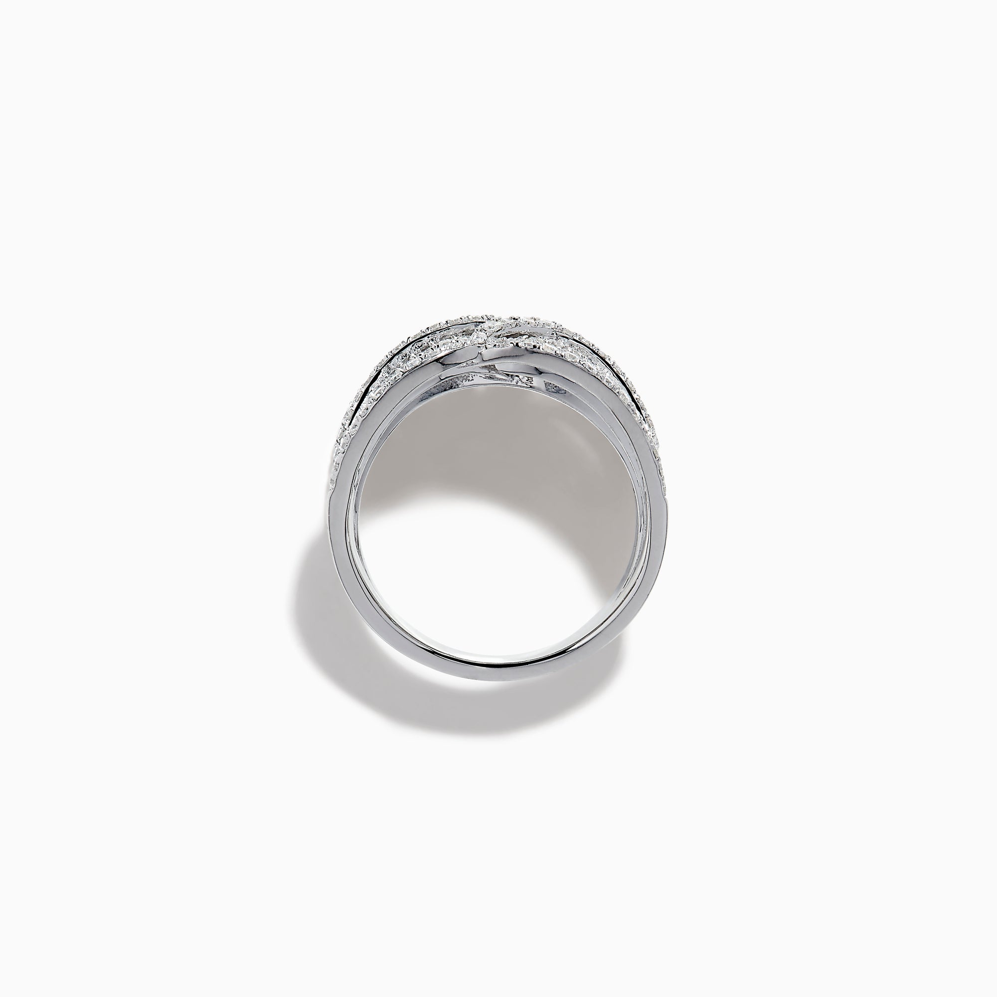 The 14K White Gold Diamond Pave Multi-Row Infinity Crossover Ring features interwoven, wave-like bands encrusted with diamonds for an elegant look and is shown against a plain white background.