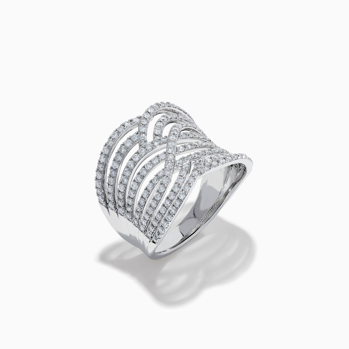 The 14K White Gold Diamond Pave Multi-Row Infinity Crossover Ring features interwoven, wave-like bands encrusted with diamonds for an elegant look and is shown against a plain white background.