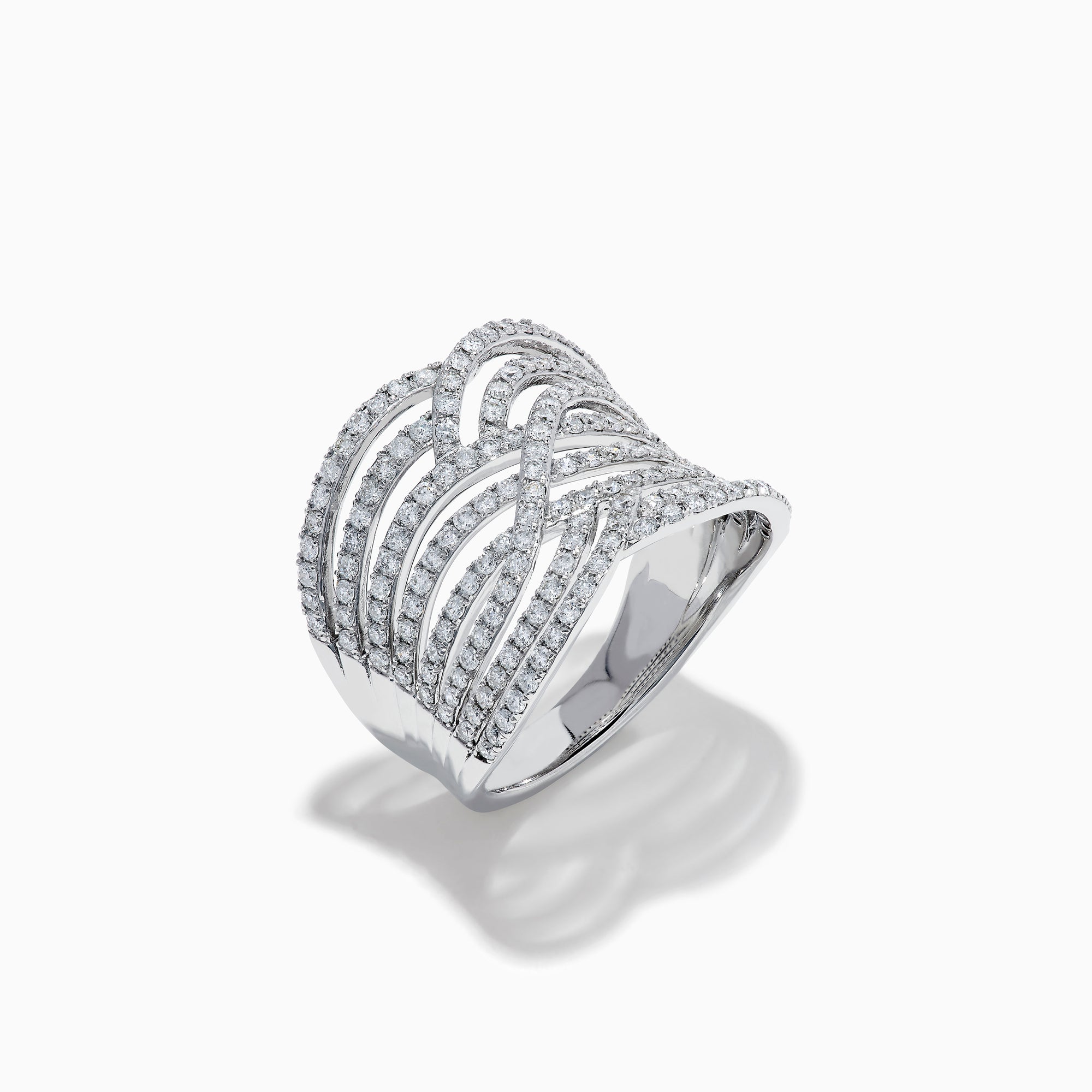 The 14K White Gold Diamond Pave Multi-Row Infinity Crossover Ring features interwoven, wave-like bands encrusted with diamonds for an elegant look and is shown against a plain white background.