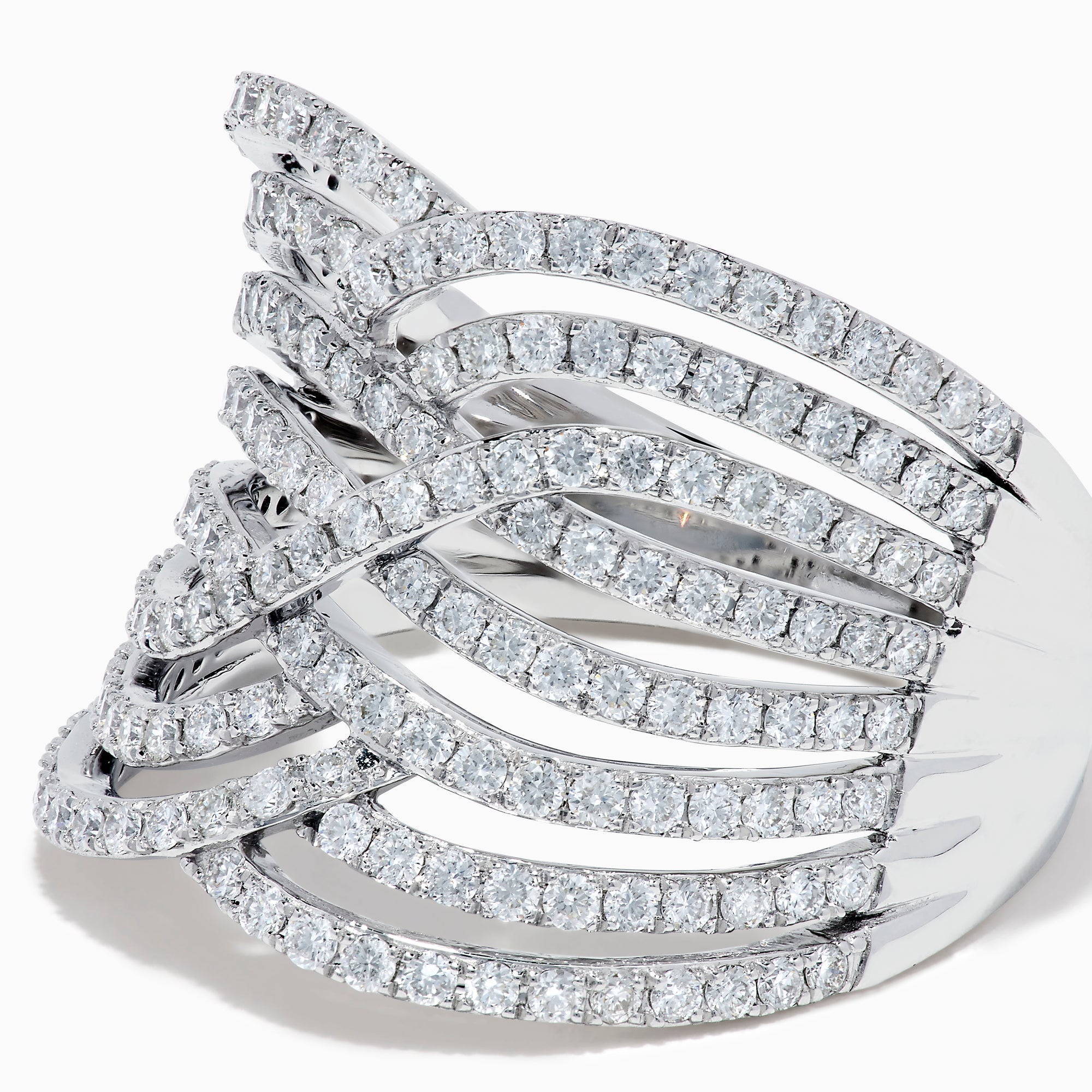 The 14K White Gold Diamond Pave Multi-Row Infinity Crossover Ring features interwoven, wave-like bands encrusted with diamonds for an elegant look and is shown against a plain white background.