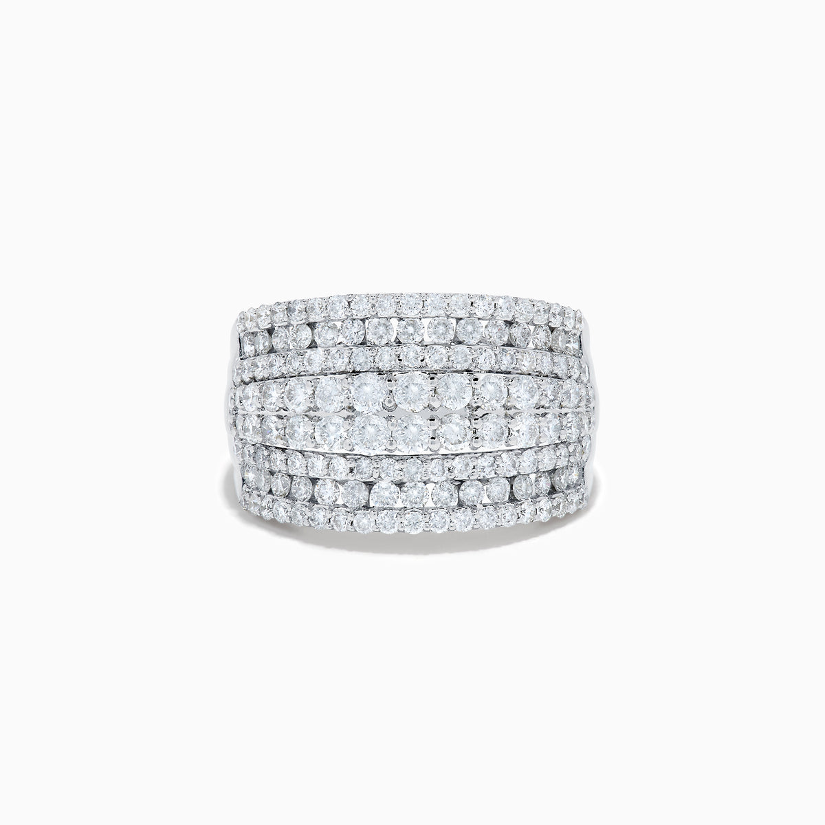 The 14K White Gold Diamond Wide Band Statement Ring showcases multiple rows of closely set round white diamonds, creating a dazzling and luxurious look against its wide, polished band. The background is plain white.
