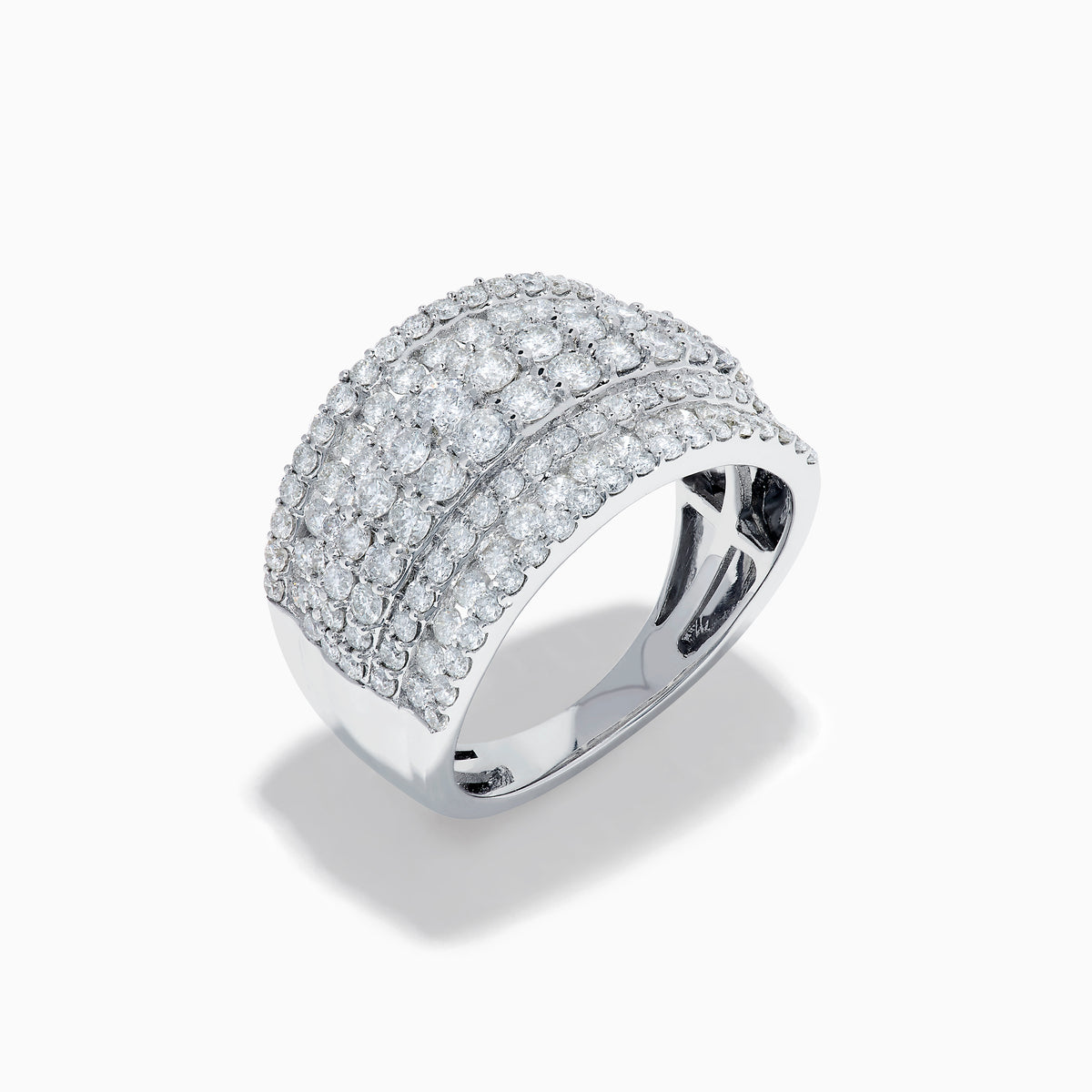 The 14K White Gold Diamond Wide Band Statement Ring showcases multiple rows of closely set round white diamonds, creating a dazzling and luxurious look against its wide, polished band. The background is plain white.