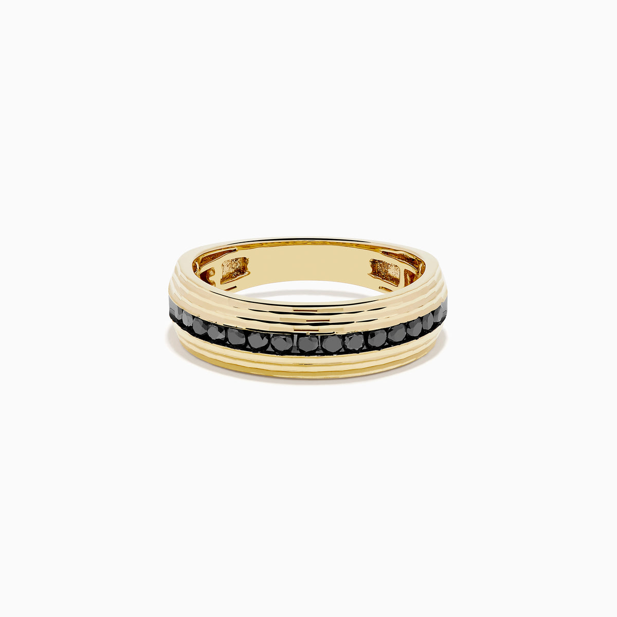 The Men's 14K Yellow Gold Black Diamond Textured Ring features a ridged, textured band and a central row of black diamonds—a bold statement piece for men.