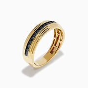 The Men's 14K Yellow Gold Black Diamond Textured Ring features a ridged, textured band and a central row of black diamonds—a bold statement piece for men.