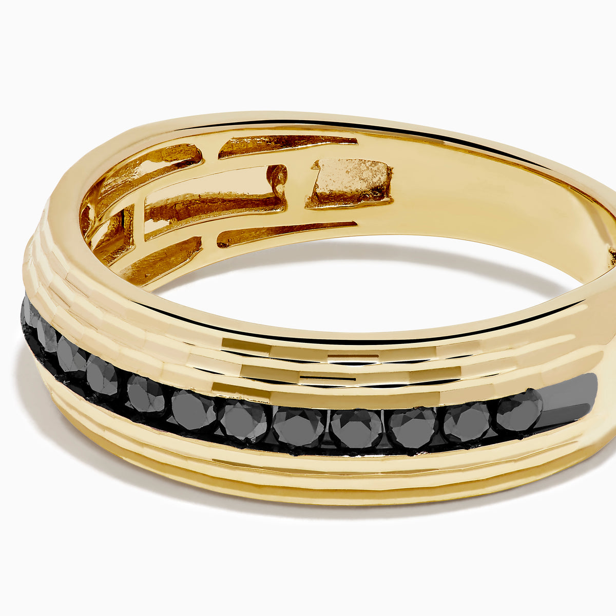 The Men's 14K Yellow Gold Black Diamond Textured Ring features a ridged, textured band and a central row of black diamonds—a bold statement piece for men.