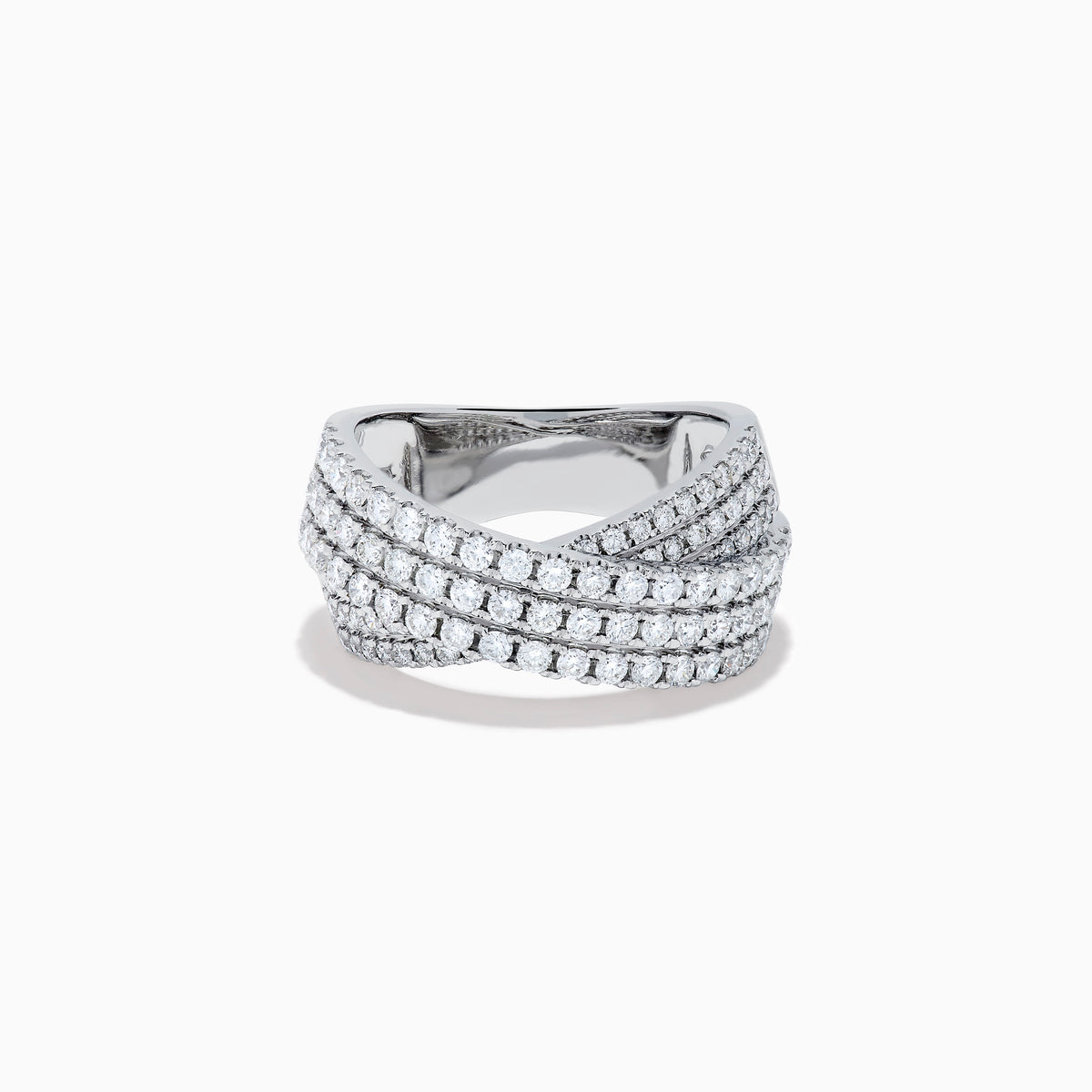 The Classique 14K White Gold Diamond Criss Cross Ring features three overlapping, diamond-encrusted bands and is displayed on a plain white background.
