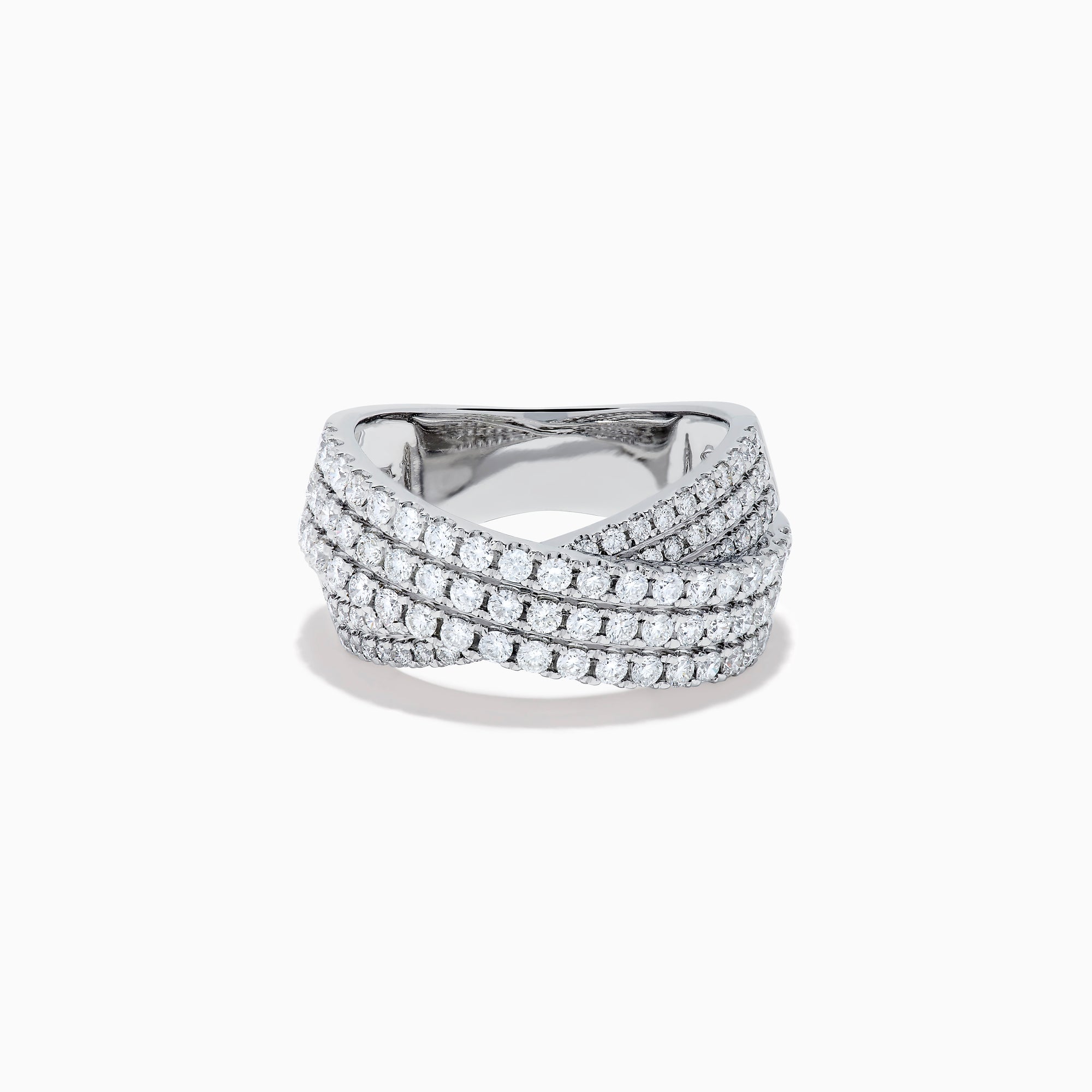 The Classique 14K White Gold Diamond Criss Cross Ring features three overlapping, diamond-encrusted bands and is displayed on a plain white background.