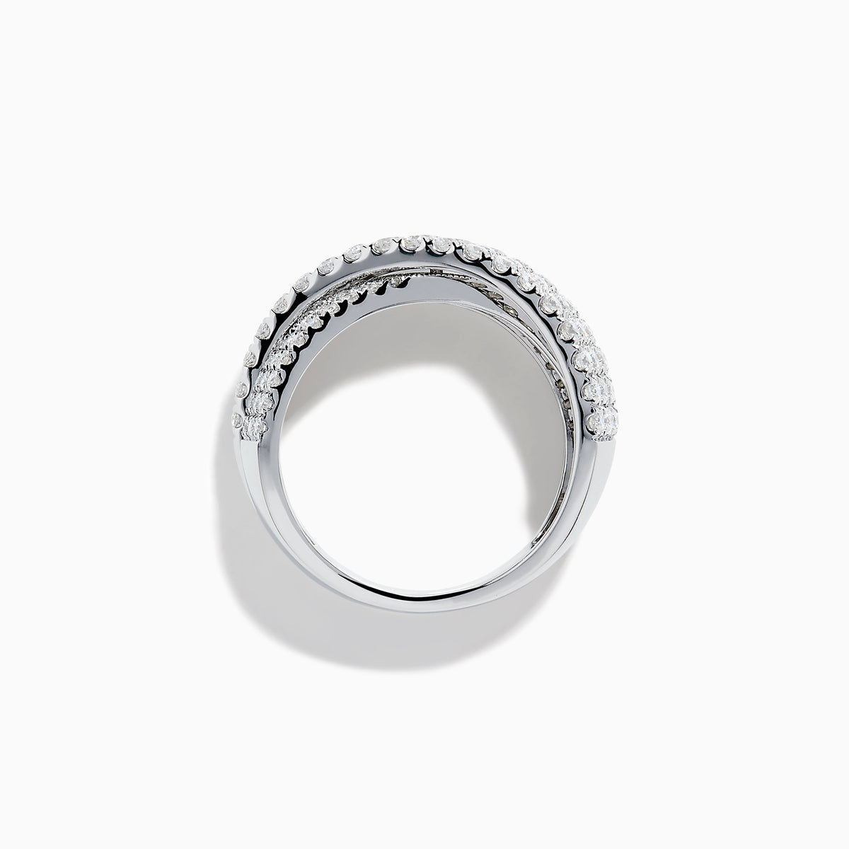 The Classique 14K White Gold Diamond Criss Cross Ring features three overlapping, diamond-encrusted bands and is displayed on a plain white background.