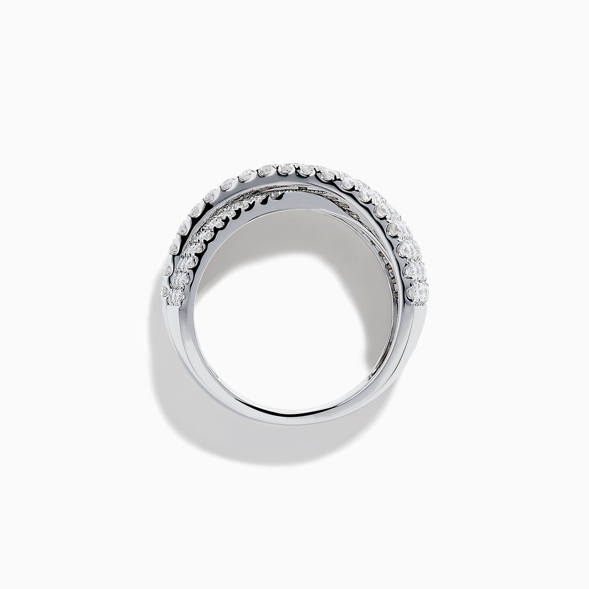 The Classique 14K White Gold Diamond Criss Cross Ring features three overlapping, diamond-encrusted bands and is displayed on a plain white background.