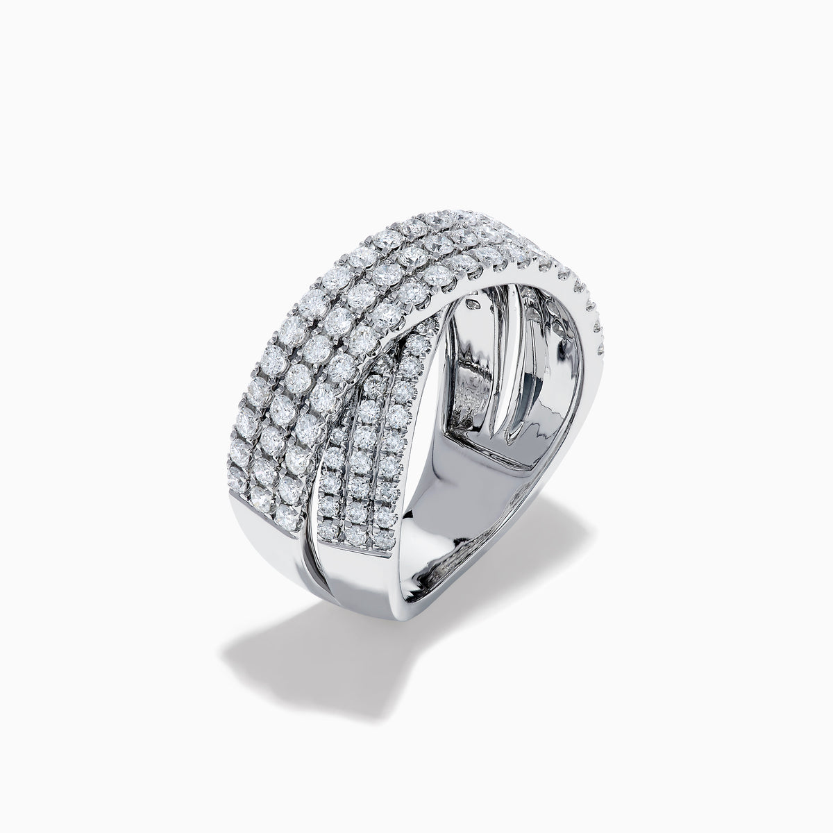 The Classique 14K White Gold Diamond Criss Cross Ring features three overlapping, diamond-encrusted bands and is displayed on a plain white background.