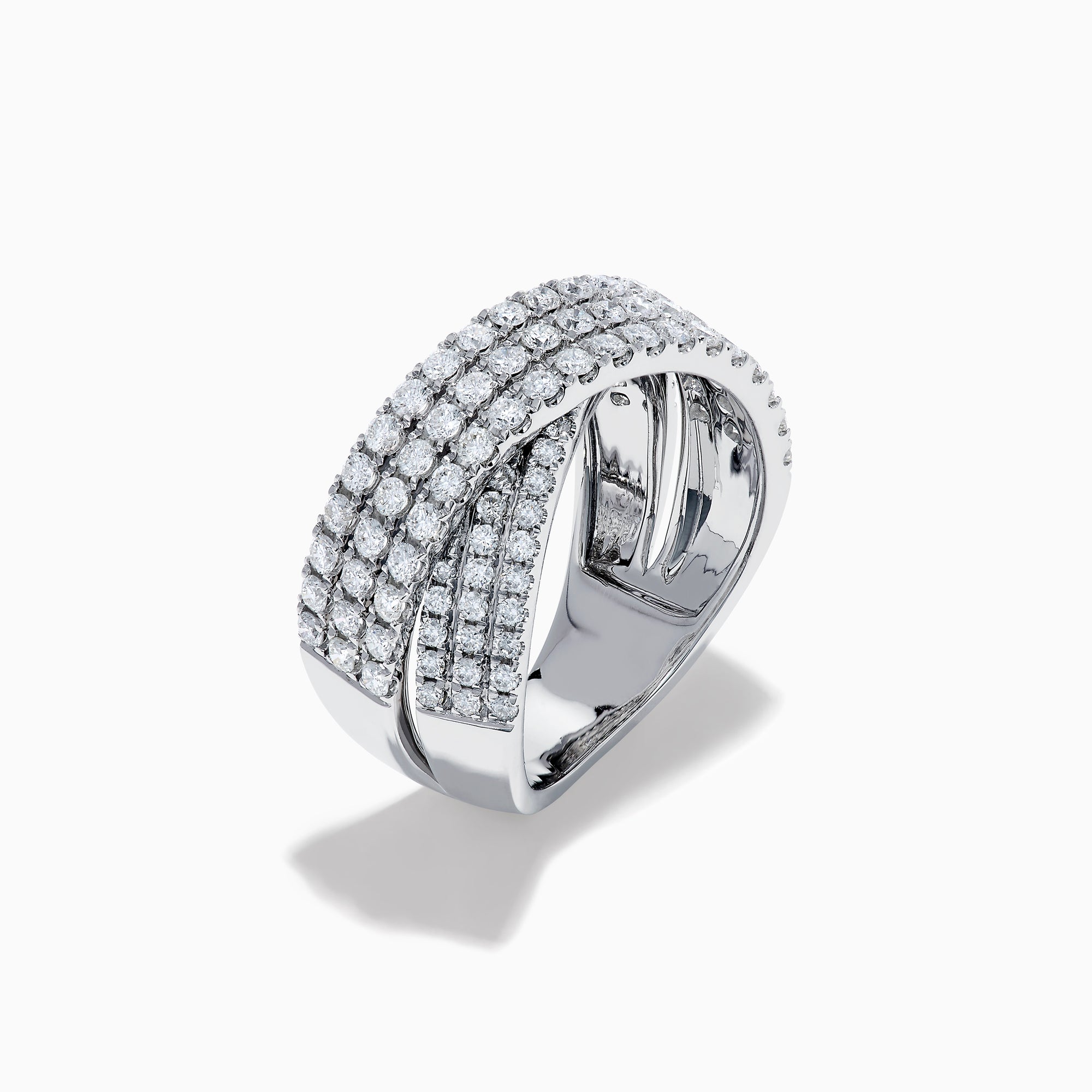 The Classique 14K White Gold Diamond Criss Cross Ring features three overlapping, diamond-encrusted bands and is displayed on a plain white background.