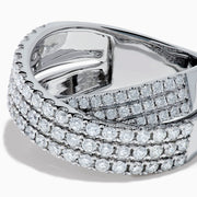 The Classique 14K White Gold Diamond Criss Cross Ring features three overlapping, diamond-encrusted bands and is displayed on a plain white background.