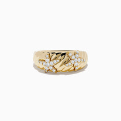 The Seaside 14K Yellow Gold Diamond Starfish Ring features a textured yellow gold band and two star-shaped designs set with sparkling diamonds, capturing the enchanting beauty of the seaside.