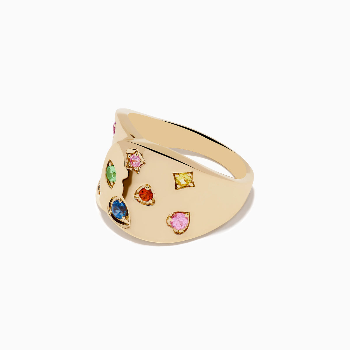 The Watercolors 14K Yellow Gold Multi Color Sapphire Ring features a wide, wavy yellow gold band set with blue, green, red, pink, and yellow sapphires for a vibrant watercolor effect against a plain white background.