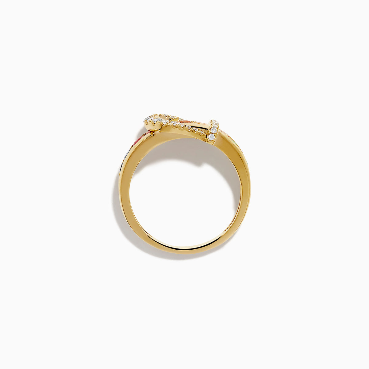 The Watercolors 14K Yellow Gold Multi Sapphire and Diamond Buckle Ring features a belt buckle design with sparkling diamonds and a vibrant row of multicolored sapphires set around the band.