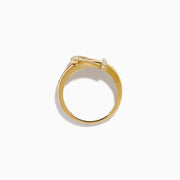 The Watercolors 14K Yellow Gold Multi Sapphire and Diamond Buckle Ring features a belt buckle design with sparkling diamonds and a vibrant row of multicolored sapphires set around the band.