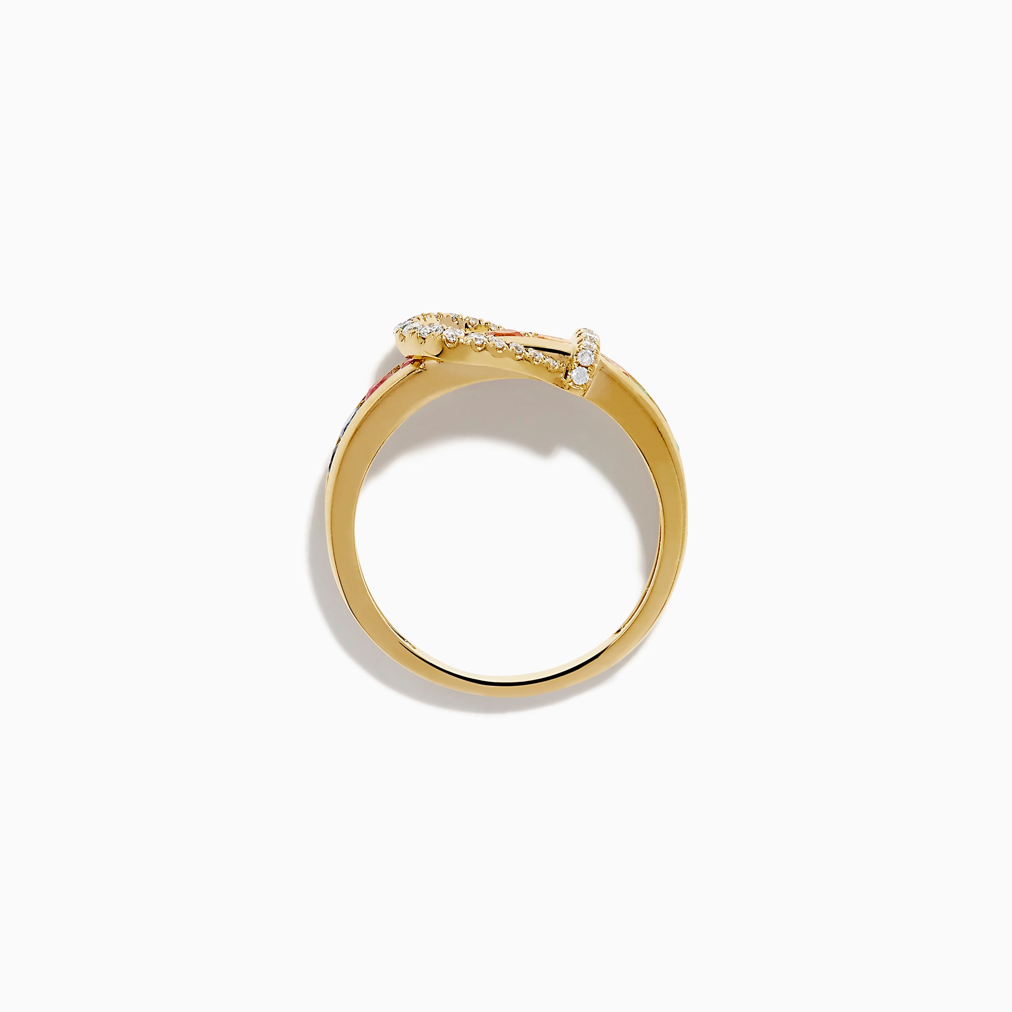 The Watercolors 14K Yellow Gold Multi Sapphire and Diamond Buckle Ring features a belt buckle design with sparkling diamonds and a vibrant row of multicolored sapphires set around the band.