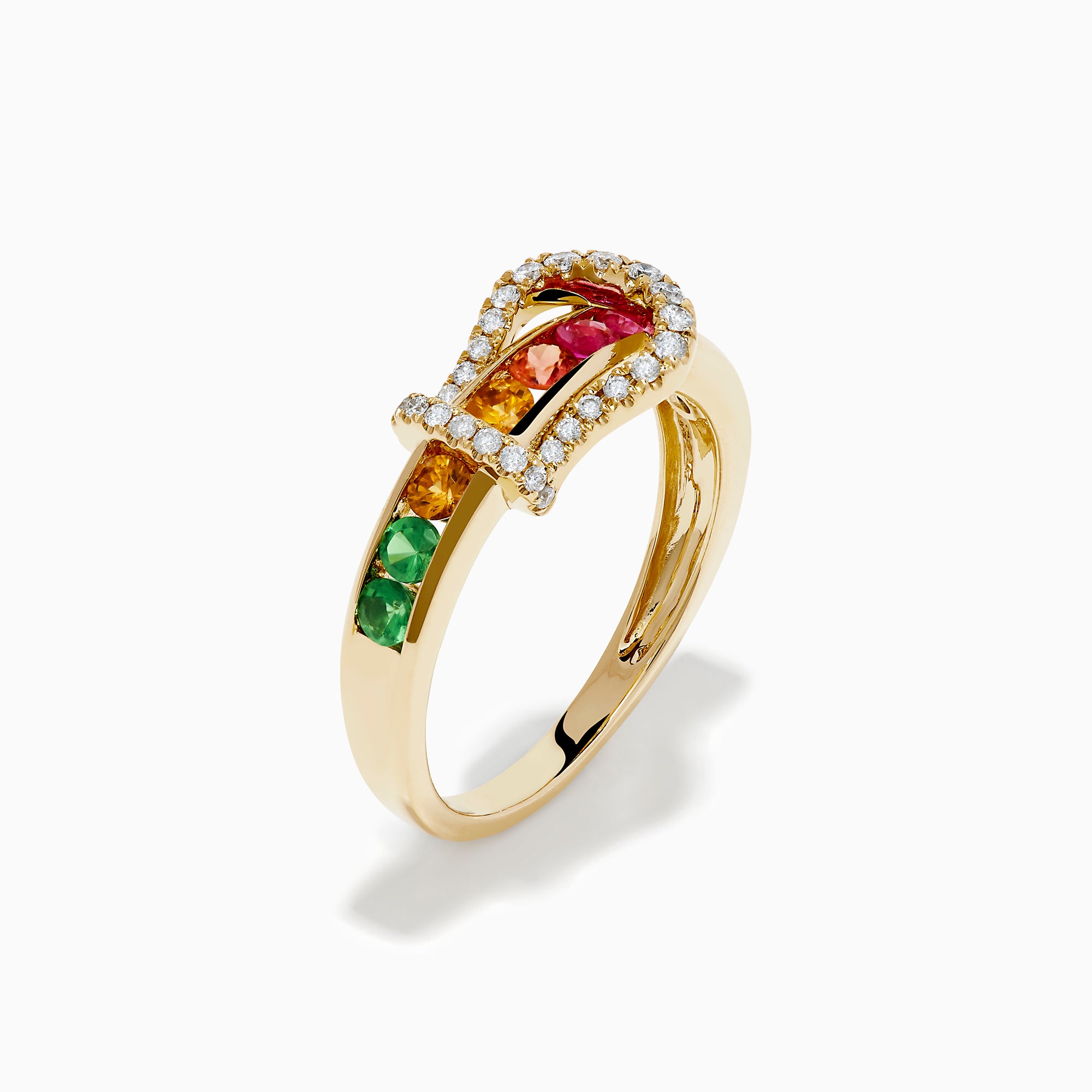 The Watercolors 14K Yellow Gold Multi Sapphire and Diamond Buckle Ring features a belt buckle design with sparkling diamonds and a vibrant row of multicolored sapphires set around the band.