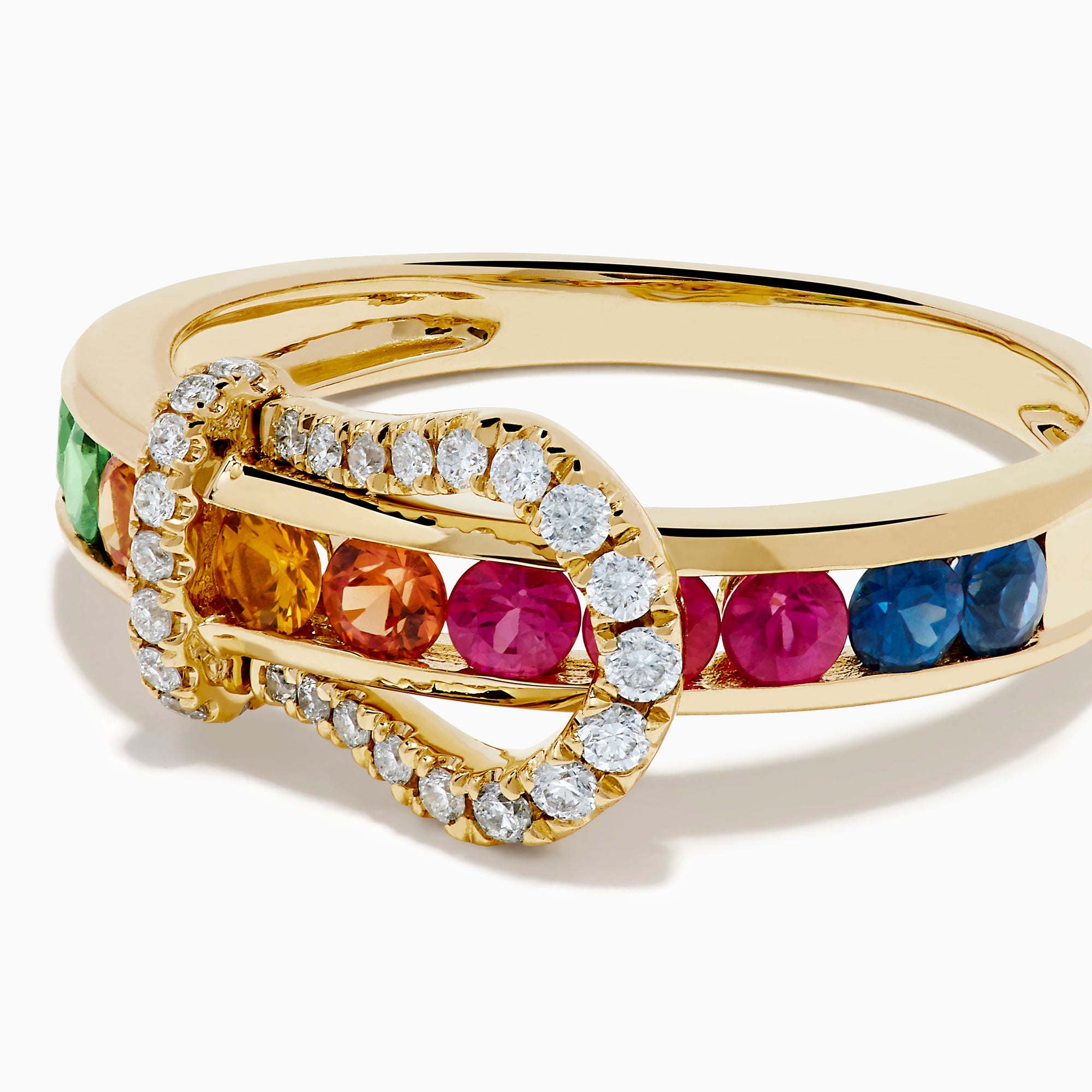 The Watercolors 14K Yellow Gold Multi Sapphire and Diamond Buckle Ring features a belt buckle design with sparkling diamonds and a vibrant row of multicolored sapphires set around the band.